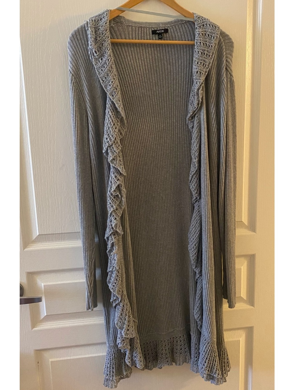 APT. 9 Ribbed Knit Open Front Cardigan w/ Delicate Lace Ruffles in Grey - XL